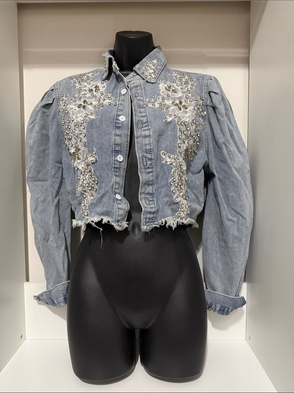 Embellished Cropped Light Wash Denim Jacket - Silver Beadwork